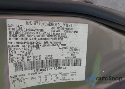 2001 Mercury Sable Ls Premium из США, поврежденный, VIN 1MEHM59S21A640603